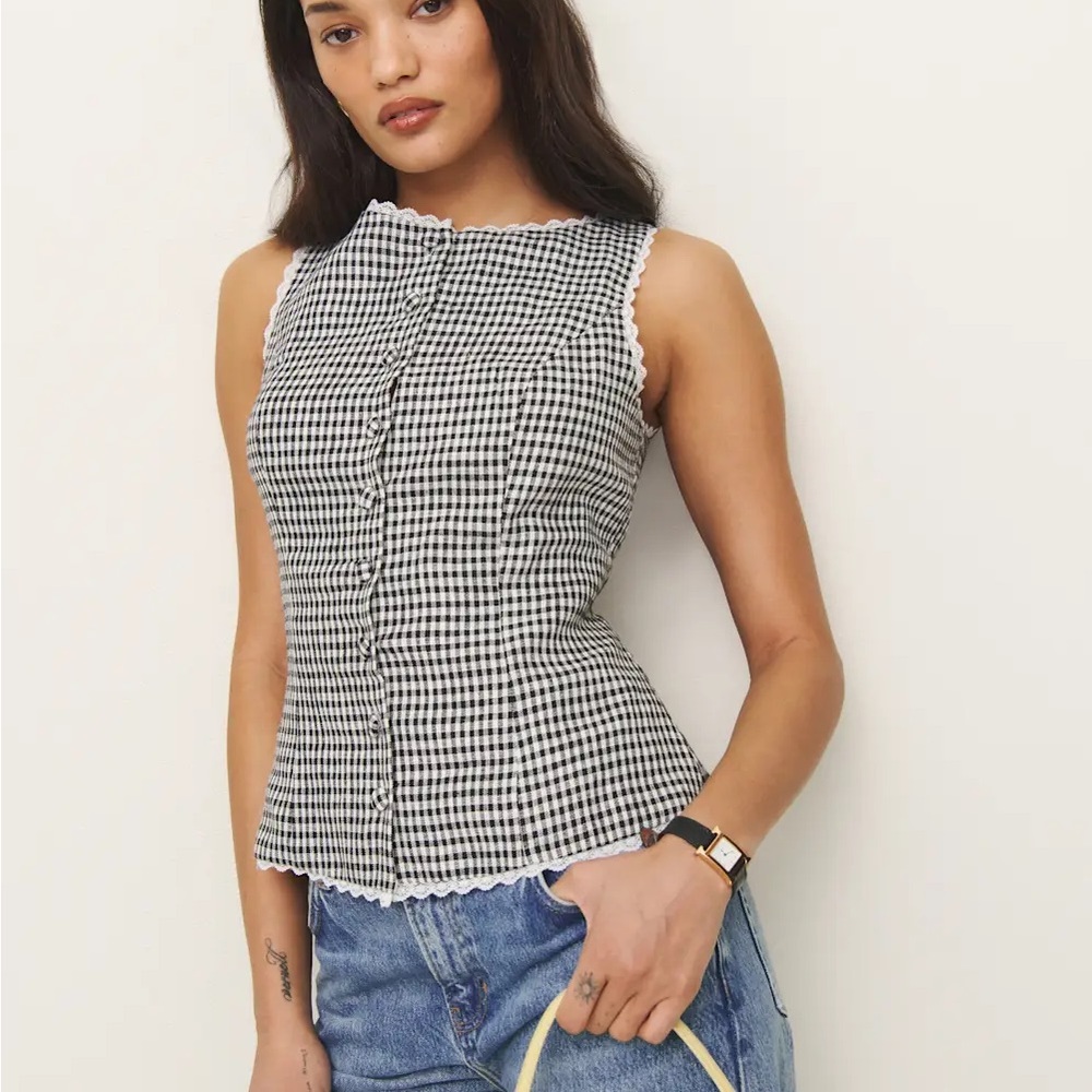 Reformation Amela linen button up top size 6 in remy check